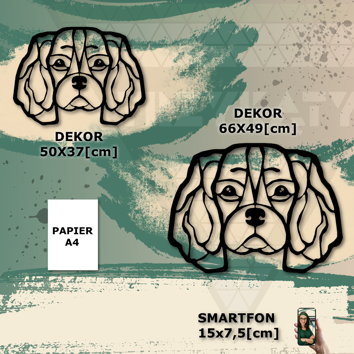Porównanie wielkości dekoracji metalowej cavalier king do kartki A4 oraz do smarftona